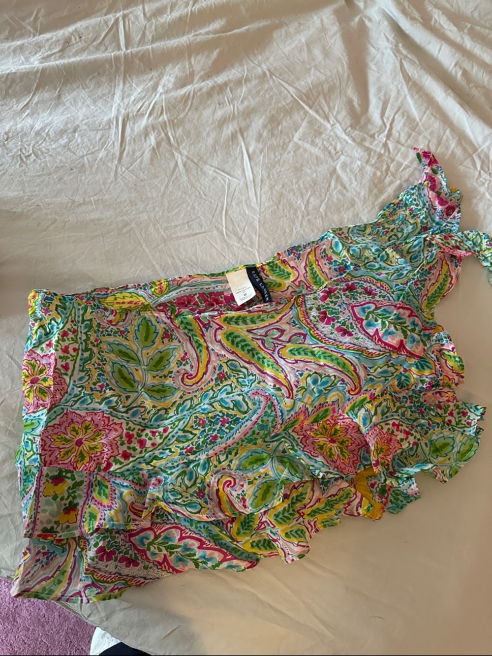 Ralph Lauren Turquoise Pink Yellow Paisley One-Shoulder Sarong